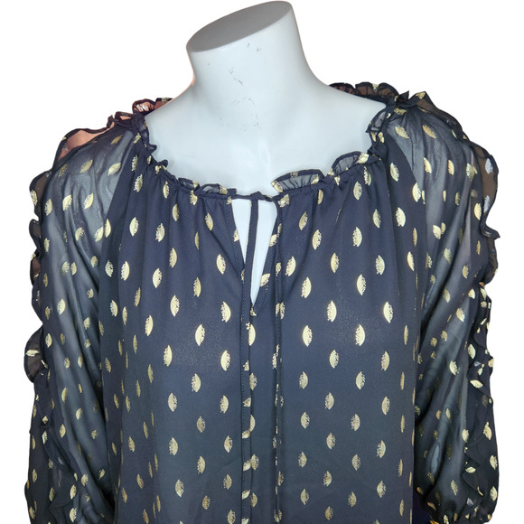 C by 1946 Cato Womens Size Medium Black with Metallic Gold Dots Blouse Ruffle - Picture 2 of 13